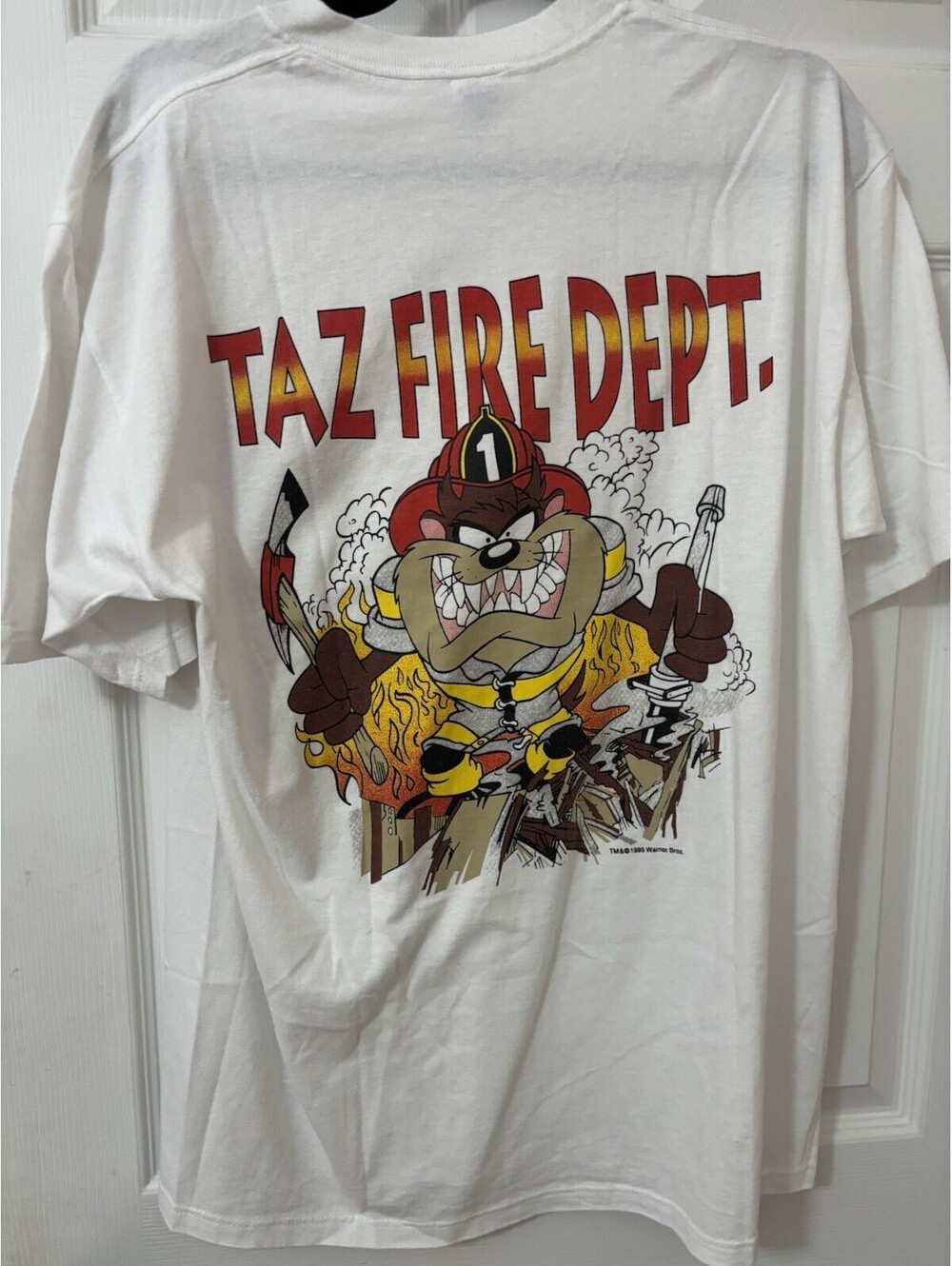 Vintage 1995 Taz FIRE DEPT Looney Tunes Shirt Men's L Short Sleeve Double Sided!